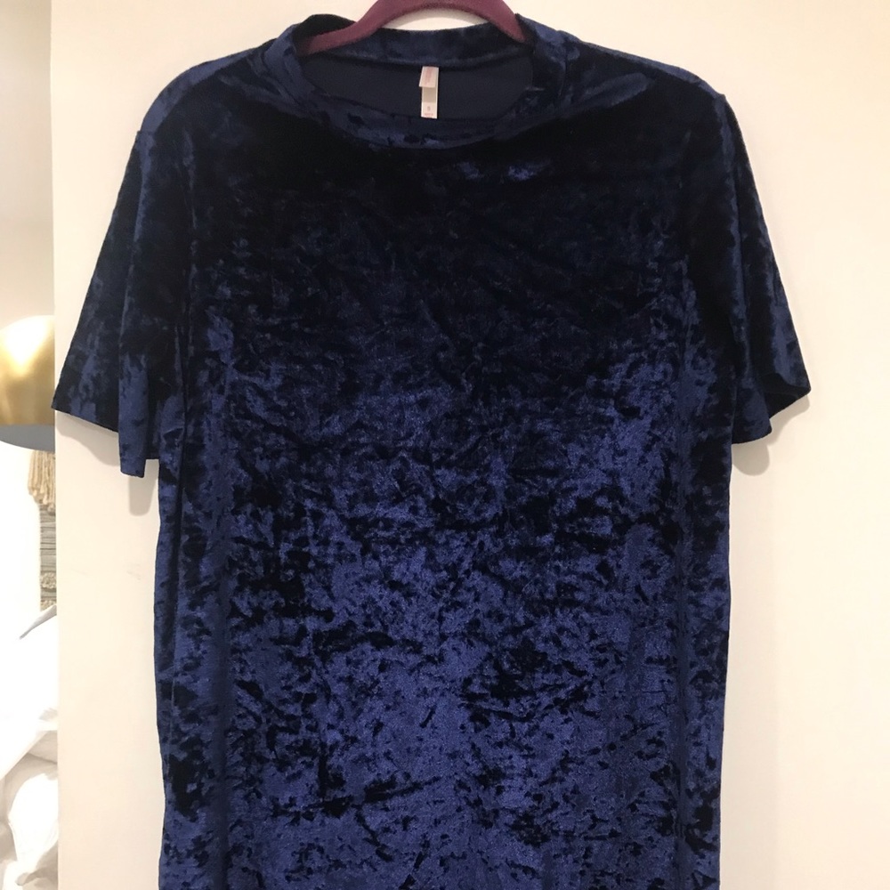 Blue Velvet Mock Neck Shift Dress